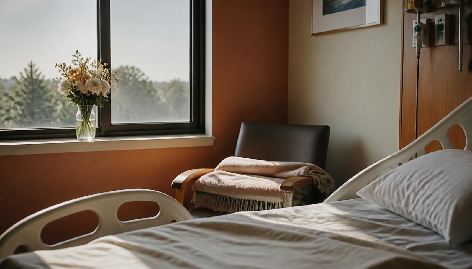 A visitor's hand gently resting beside a hospital bed in warm sunlight